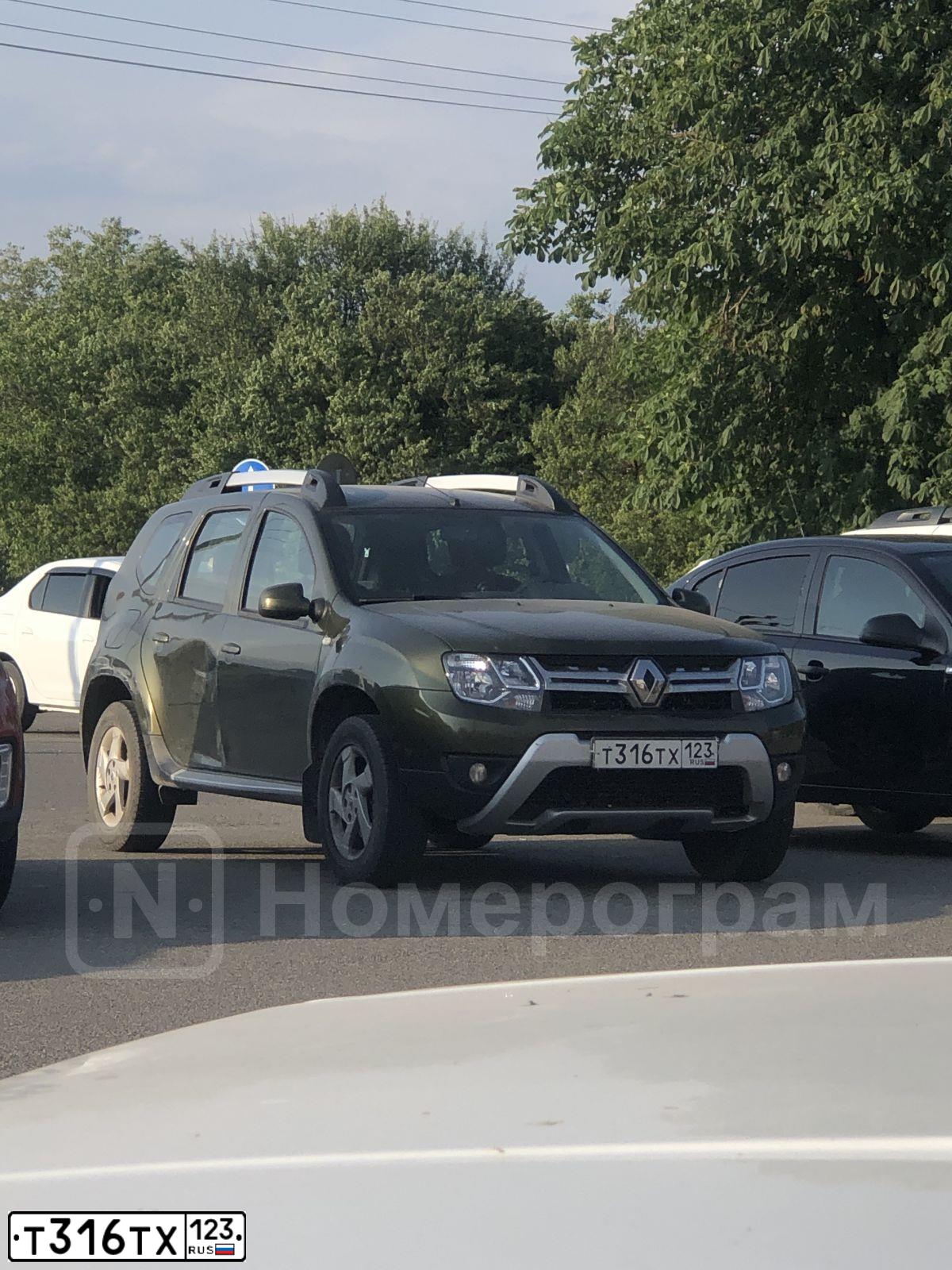 Фото автомобиля RENAULT DUSTER, 2018 — госномер Т316ТХ123. Цвет: ЗЕЛЕНЫЙ