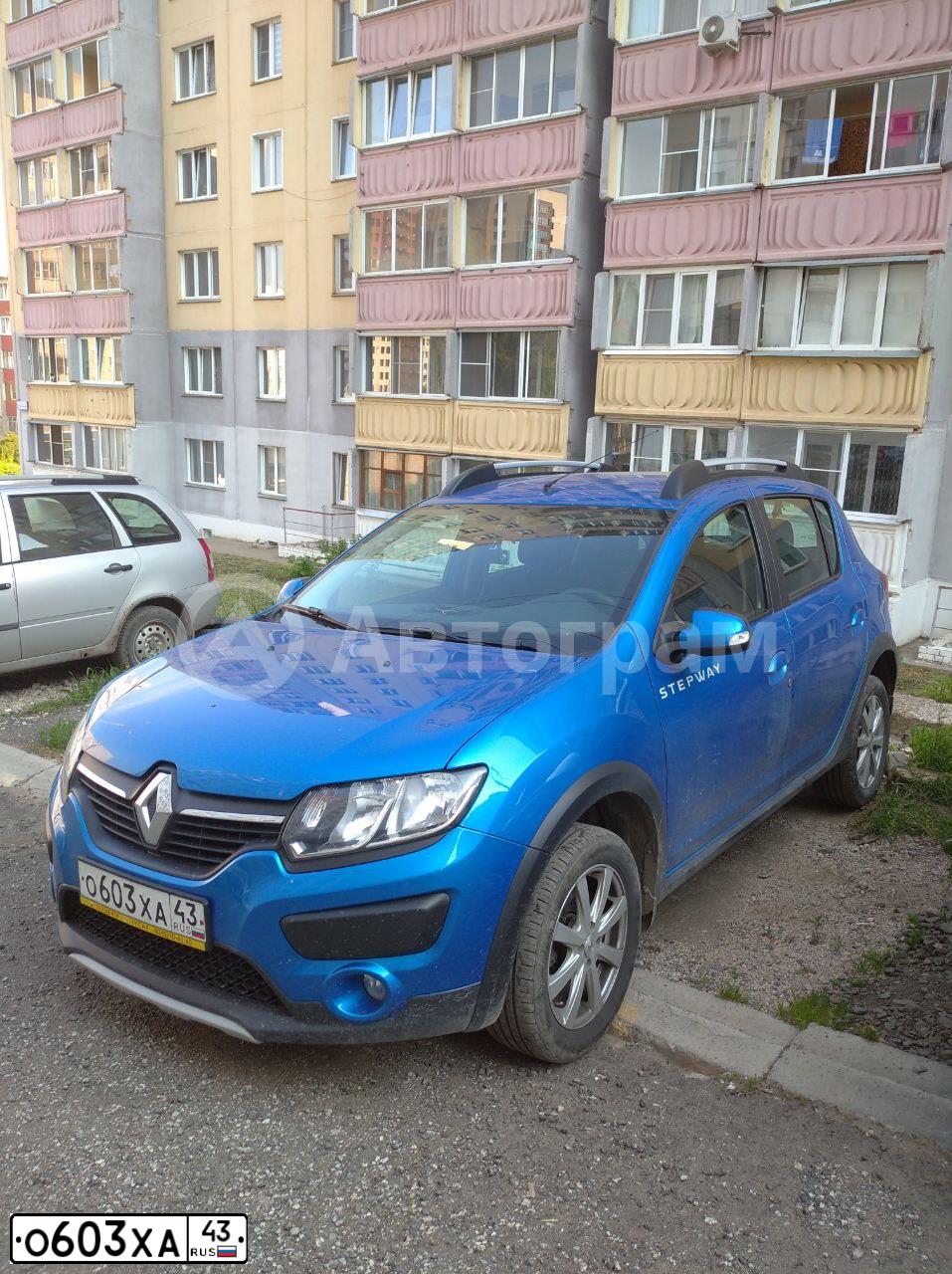 Фото автомобиля RENAULT SANDERO, 2017 — госномер О603ХА43. Цвет: СВЕТЛО-СИНИЙ