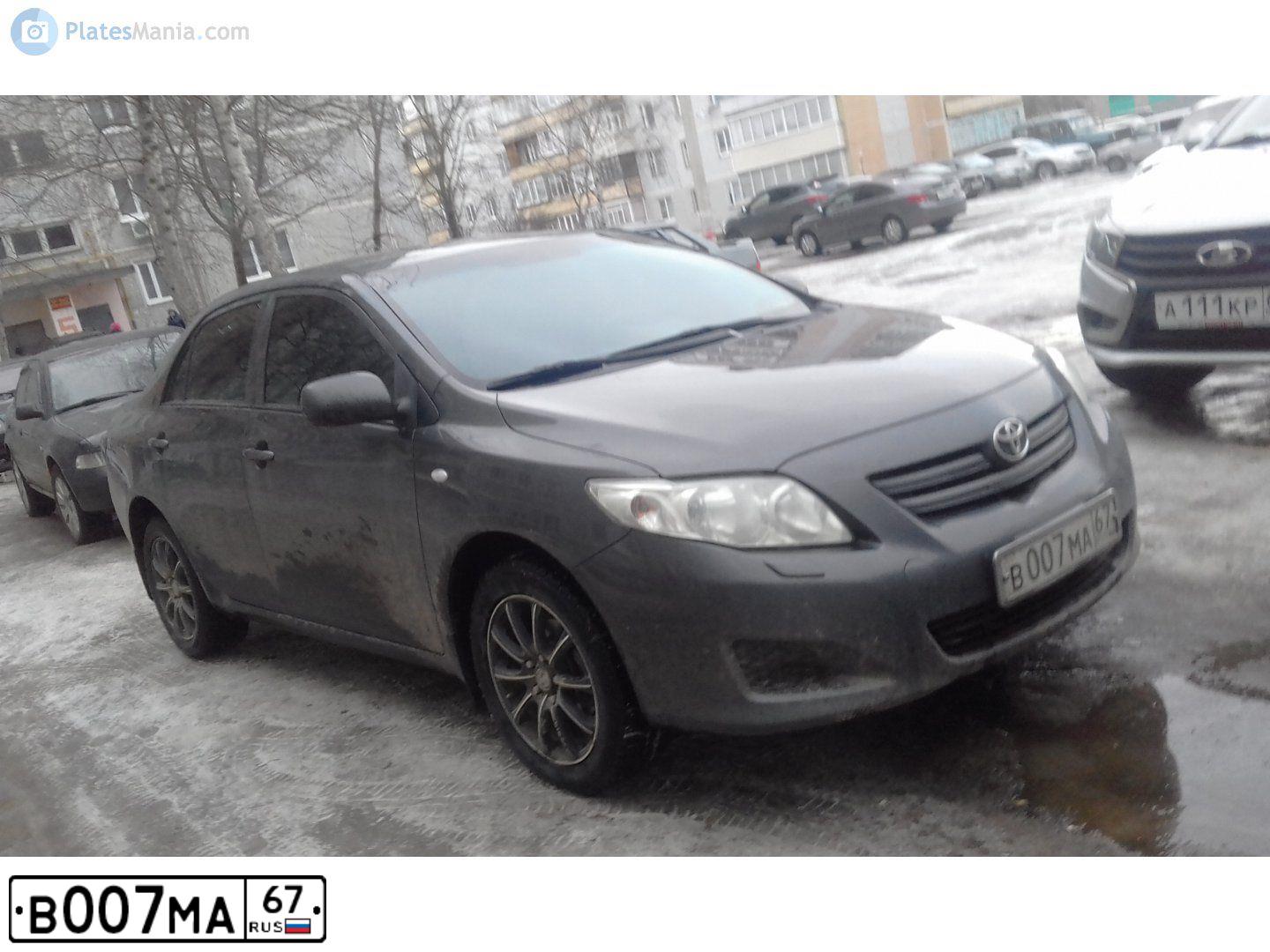 Фото автомобиля TOYOTA COROLLA, 2008 — госномер В007МА67. Цвет: СЕРЫЙ